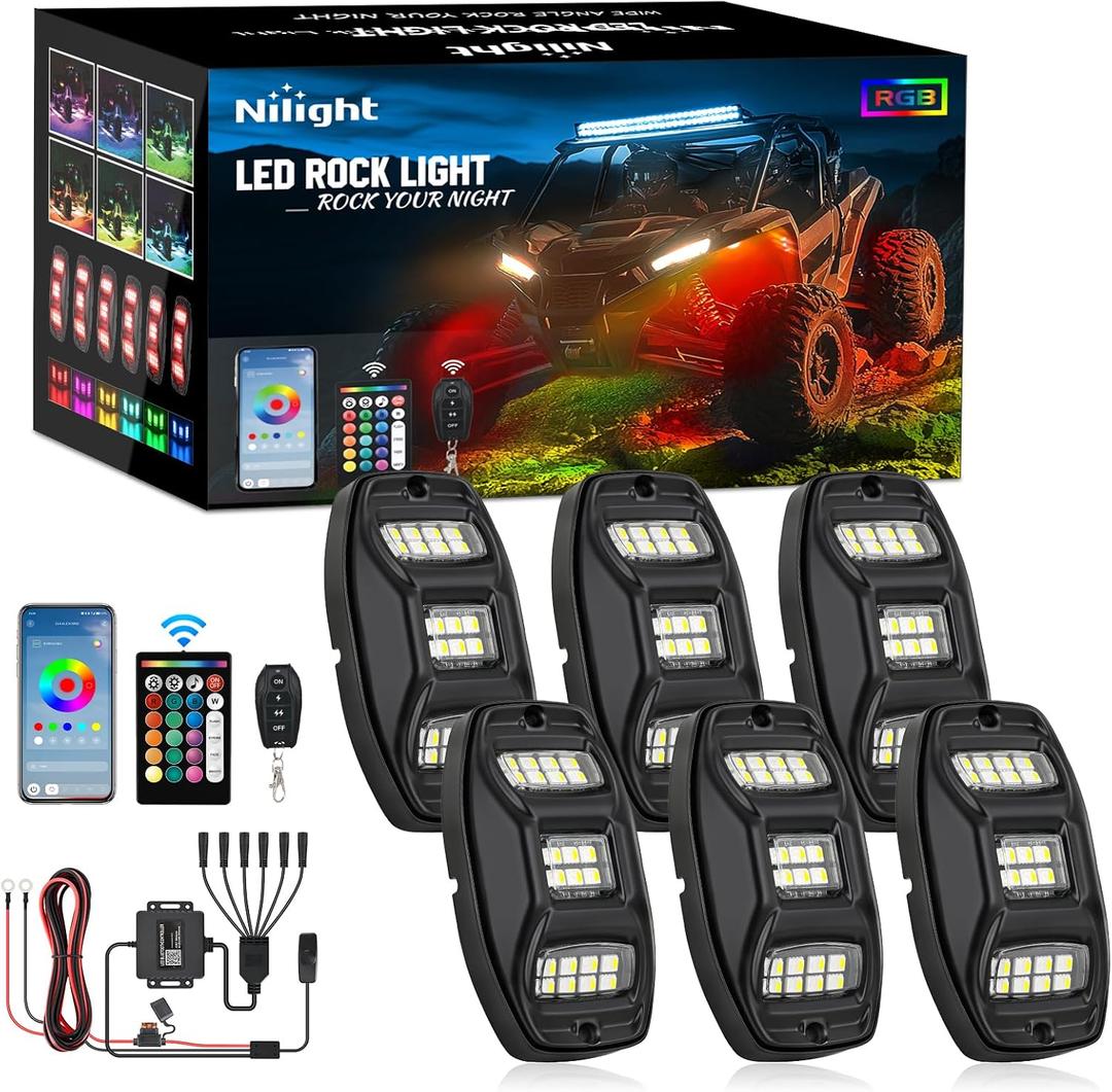 Nilight RGBW LED Rock Lights Kit, 6 Pods 22LED Wide Angle Remote & Bluetooth App Dual Control with Music Modes Multicolor Underglow Neon Wheel Well Light Fit for ATV UTV SUV Offroad Truck RZR Boat