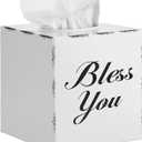 Sumnacon Tissue Box Cover Square, Bless You Tissue Holders, Decorative Tissue Box Holder Open Bottom, Cube Metal Tissue Cover for Bathroom, Bedroom, Living Room, Office, Tabletop, Gift Option, White