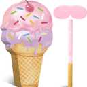 Capoda Ice Cream Piata 15.8" x 9.5" Pink Dessert Cone Shaped Piata with Stick Blindfold for Ice Cream Birthday Summer Baby Shower Wedding Party Supplies Decor