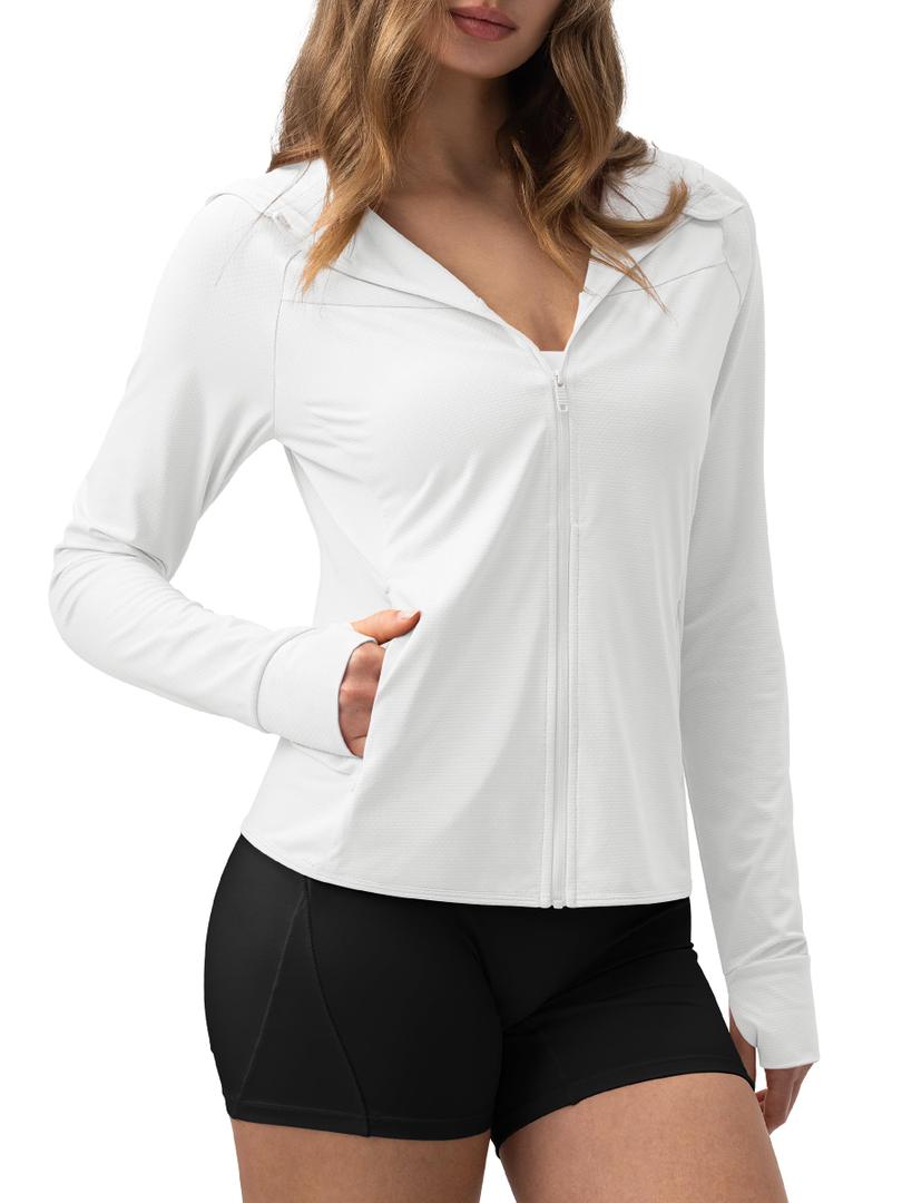 AVGO UV Protection Shirts for Women Light Athletic Jacket, Sun Shirt Long Sleeve Cover Up Clothing with Zipper Pocket (White, Large) (White, L)