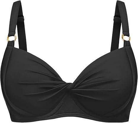 Women's Underwire Bikini Top - Push Up Swimsuit Top Only Twist Front Bathing Suit 2025 Retro Swim Bra (Black, L)