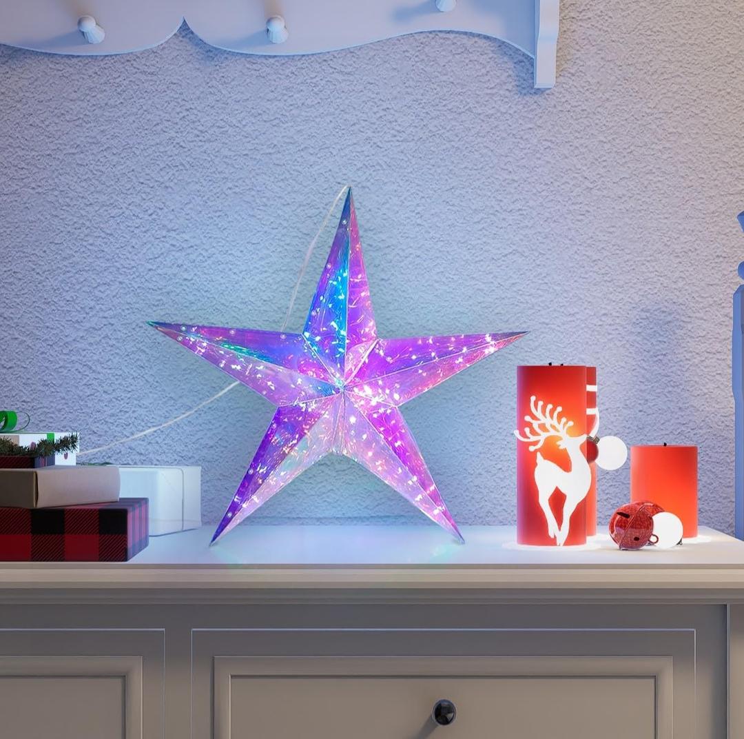 20" Christmas Hanging Star Prismatic Iridescent Light Easy Assembly Foldable LED Light Decor Hanging Christmas Tree and Holiday Decoration (Christmas Star Large)
