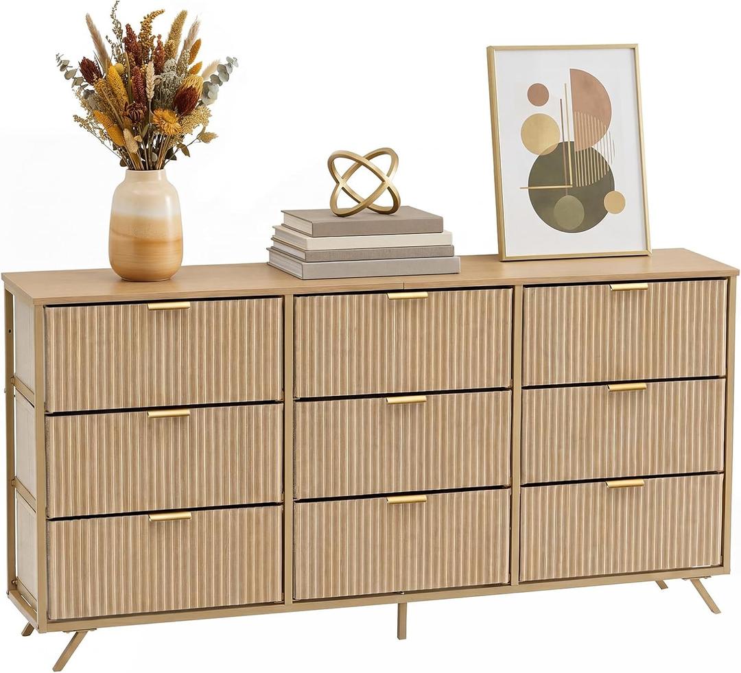 DUMOS Fabric Fluted Dresser, Modern Chest of 9 Fabric Drawers for Bedroom, Large Dressers with Metal Frame & Wooden Top, Storage Organizer Closet for Living Room, Entryway, Natural Oak, 57.1"D x 26.2"W x 11.8"H