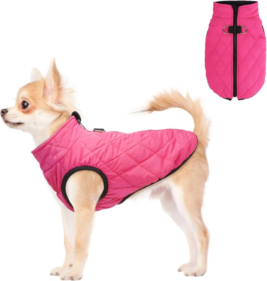 SCENEREAL Dog Winter Coat - Warm Puppy Jacket with Built-in Harness, Waterproof, Fleece Puffer Vest, Windproof Snow Clothes for Small to Medium Dogs (S(Chest 14")-Regular, #2 Rose-Gloss)