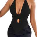 SOLY HUX Women's Deep V Neck Cut Out Halter Top Tie Backless Asymmetrical Hem Summer Tops (Large, Plain Black)