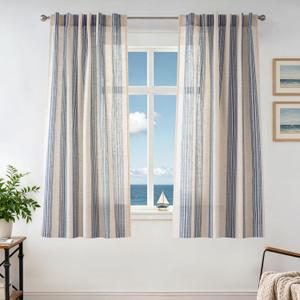 DriftAway Farmhouse Curtains for Living Room Vertical Striped Linen Curtains Semi Sheer Light Filtering Back Tab Rod Pocket Window Treatments, 54 Inches Long, 2 Panels, Jean Navy on Beige