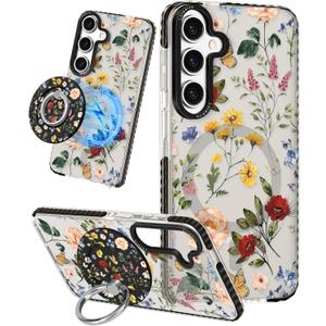 for Samsung Galaxy S24 Case for Women - Girls Cute Design Compatible with Magsafe Magnetic Ring Holder Stand Retro Flower Phone Covers Aesthetic Girly TPU Funda for S24