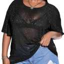 MakeMeChic Women's Plus Size Glitter Sheer Mesh Short Sleeve Tee Shirt Top (X-Large Plus, A Black Sequin)