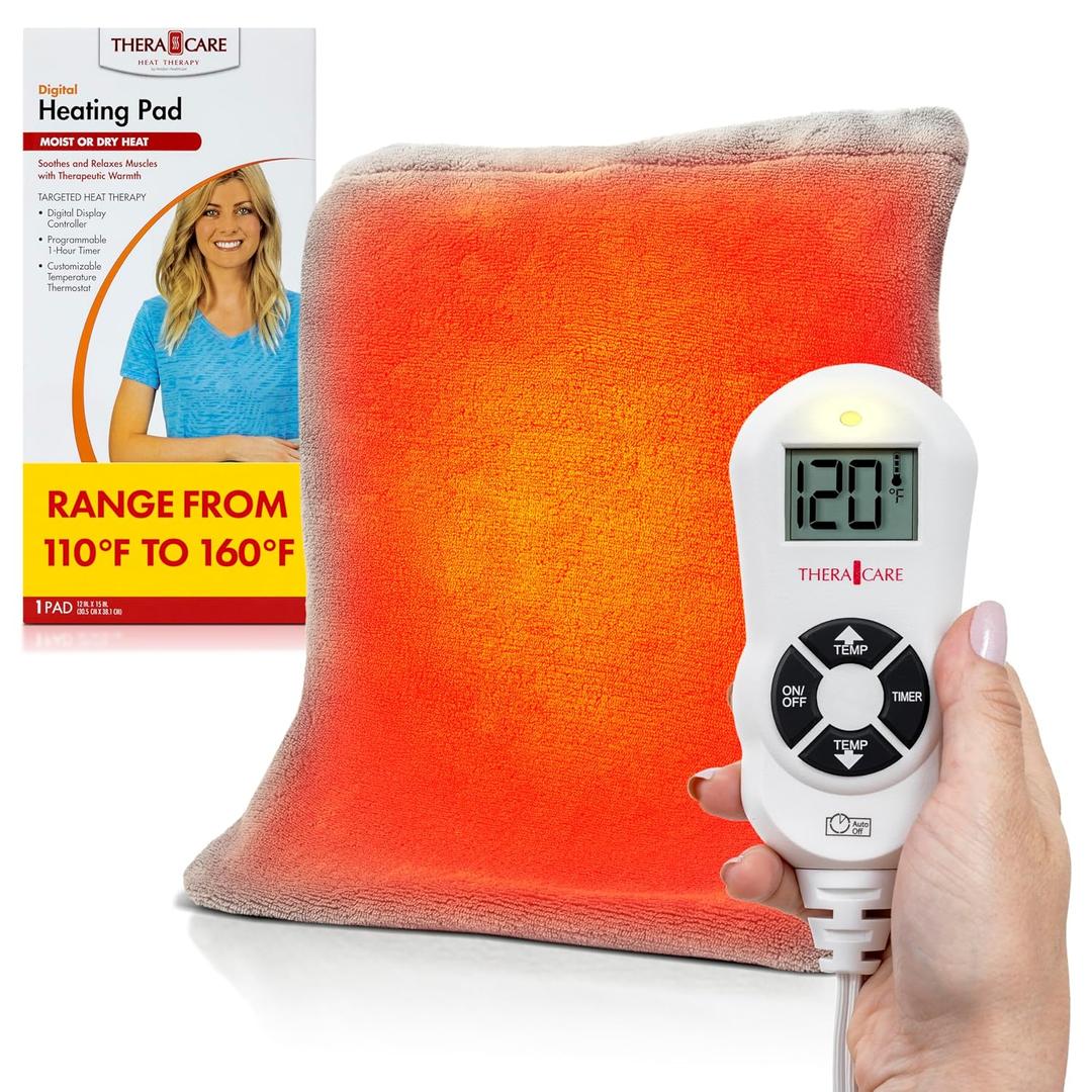 TheraCare Digital 12 x 15 Heating Pad | Moist & Dry Heat | Wide Range 110F-160F | Soothing Warm Relief | Personal Size 12 x 15 | Safe, Automatic Shut Off
