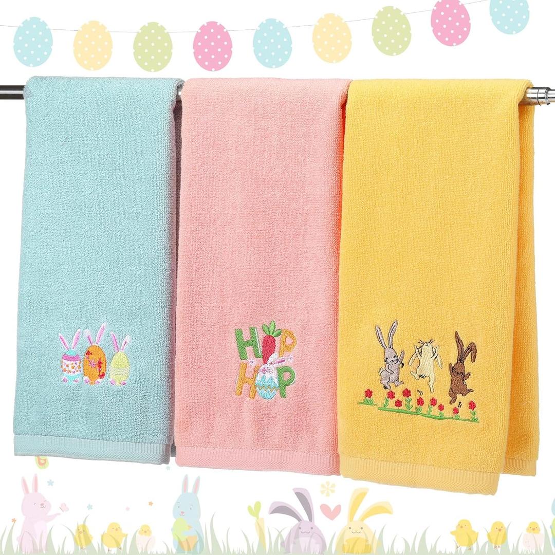 HunnmingRe 3 Pcs Easter Hand Towels for Bathroom 14'' x 29'' 100% Cotton Bathroom Towel Decorative Dish Set for Drying, Cleaning, Cooking, Towels Gift Set(Classic,Blue,Pink,Yellow)