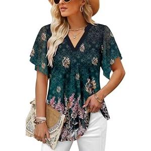onlypuff Dressy Blouses for Weddings Flutter Sleeve Tops for Women Daffodils Floral Flowy V Neck Shirts Work Tops Chiffon Blouses L