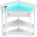 Rolanstar Corner Desk, 44.5" W x 34.5" H Small Computer Desk with Power Outlets, Gaming Desks with LED Lights, Triangle Corner Table with Keyboard Tray & Monitor Stand for Small Space, White