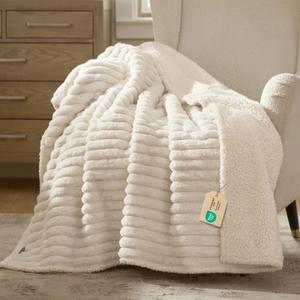 Bedsure ComfyFleece Waterproof Dog Blankets for Large Dogs - Soft Pet Cat Blanket Corduroy Fleece for Couch Bed Protector Washable, Cozy Calming Reversible Furniture Protection,50"x60", Cream
