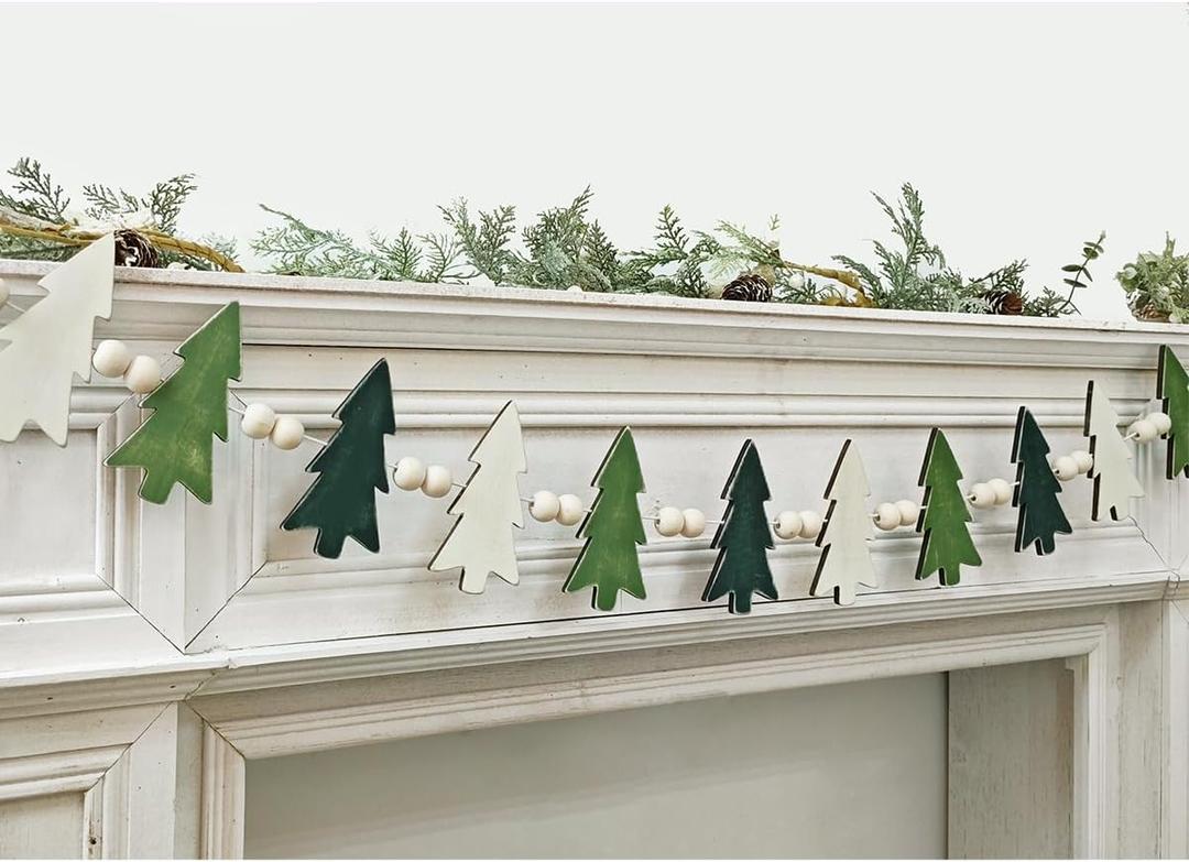Garland Christmas Decorations Indoor Outdoor: 6.5ft Farmhouse Xmas Tree Wooden Beads Christmas Decor, Cute Rustic Pine Hanging Ornaments Banner for Mantel Fireplace Home Room Wall Window Door Kid Gift