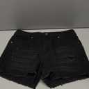 This is a pair of black high-waisted denim shorts featuring frayed hemlines and ripped L