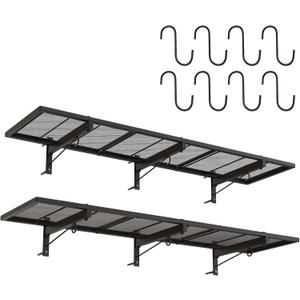 2 Pack Garage Wall Shelf, Heavy Duty Garage Shelving, 46"X 12.5" Wall Mounted Floating Shelves, Metal Hanging Storage Rack with 8 Hooks, Utility Organizer Max Load 320 LBS for Laundry Room, Workshop
