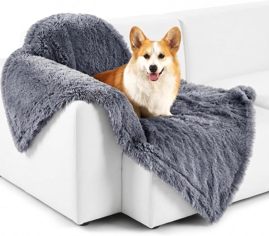 Bedsure Waterproof Dog Blankets for Large Dogs - Cat Blanket for Couch Protector Washable Long Faux Fur, Calming Soft Reversible Throw Furniture Protection for Puppy Pet Pet, 40"x50", Grey