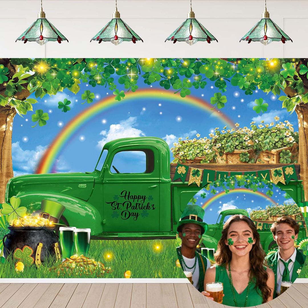 Happy St. Patrick's Day Truck Backdrop 7x5FT Irish Gold Coin Shamrock Rainbow Green Truck Photography Background St. Patricks Day Party Decorations Supplies Photo Props