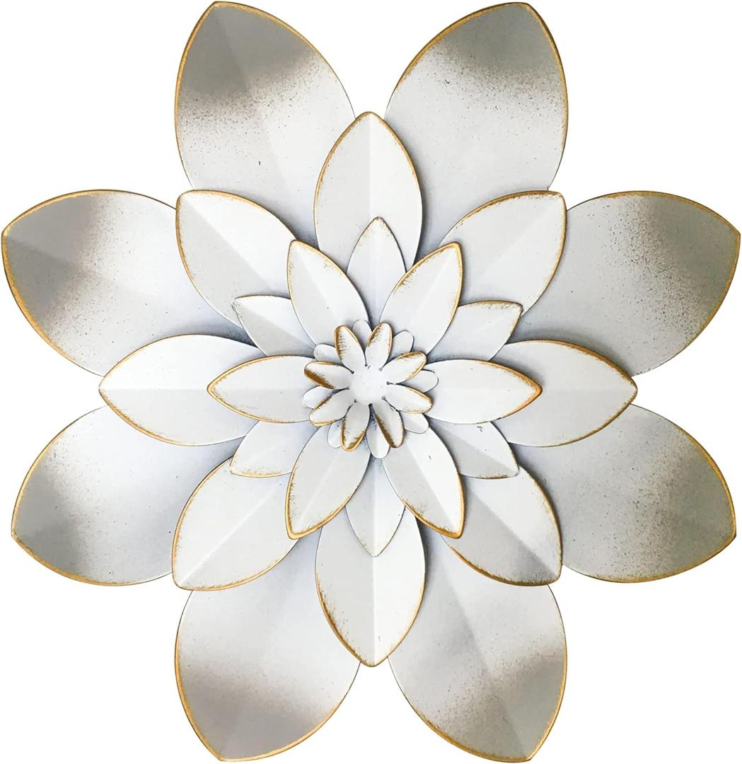White Metal Flower Wall Art Decor, 9.5 Rustic Modern Floral Sculpture, Distressed Hanging Home Decoration Accent Artworks for Indoor Bedroom Living Room Office Outdoor Garden Patio