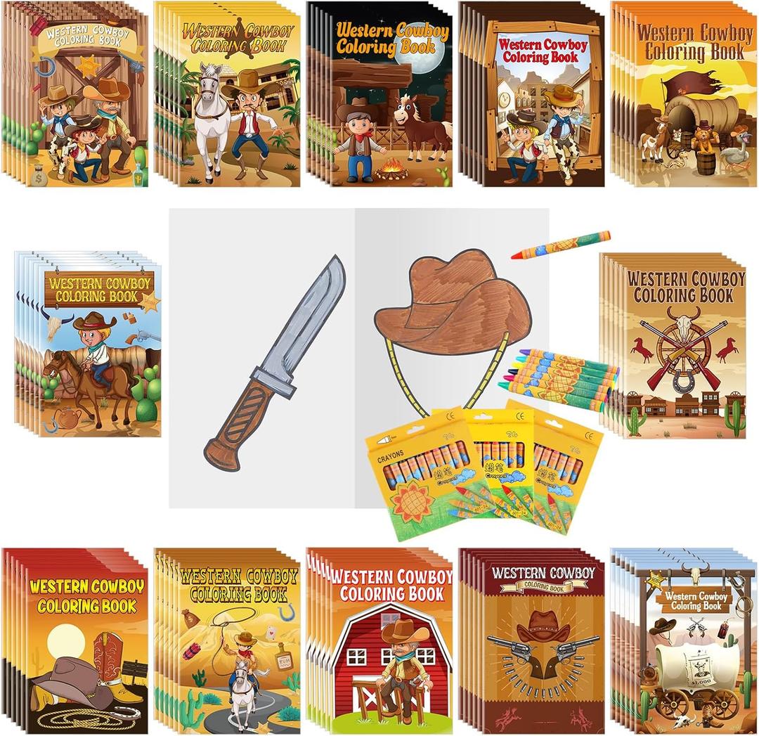 Yexiya 144 Pcs Western Cowboy Coloring Books with Crayons for Kids Bulk Mini Wild West Theme Coloring Activity Books Western Rodeo Party Favors Classroom Birthday Gift Goodie Bag Filler