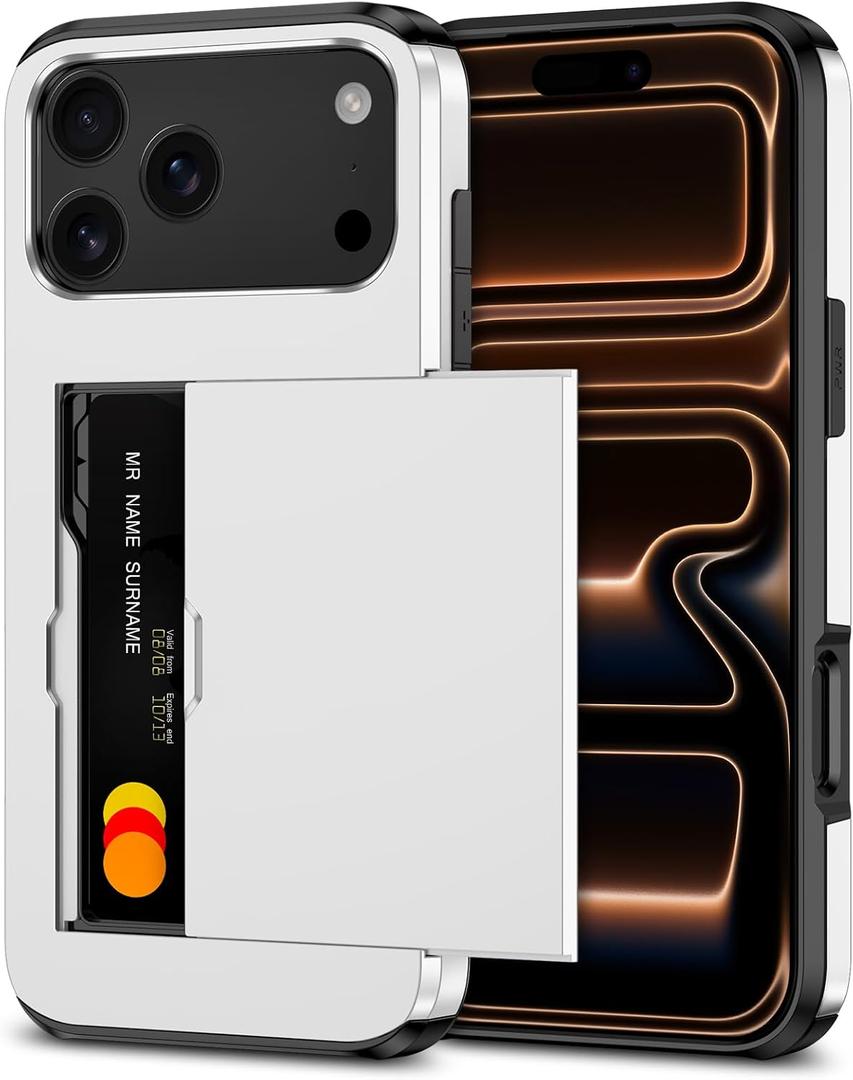 SAMONPOW for iPhone 17 Pro Case with Card Holder iPhone 17 Pro Wallet Case 6.3 inch Heavy Duty Protective Shockproof Dual Layer Hidden Card Slot Slim Cover for Women Men, White