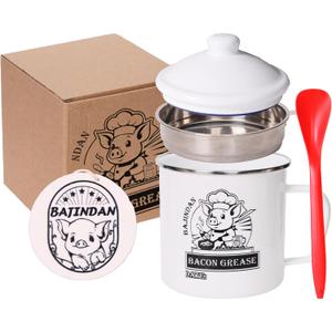Enamel Grease Keeper with Strainer & Scraper - 40oz/15oz, Farmhouse Rustic Decor, High Temp Resistant, Dishwasher Safe, Includes Magic Sponge (Small)