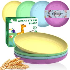 Homienly Wheat Straw Plates, Deep Dinner Plates Set of 4, Lightweight Unbreakable Plate Set - 10 Inch Microwave and Dishwasher Safe Plates for Camping, RV, Patio, Kitchen Dishes - Memphis Color