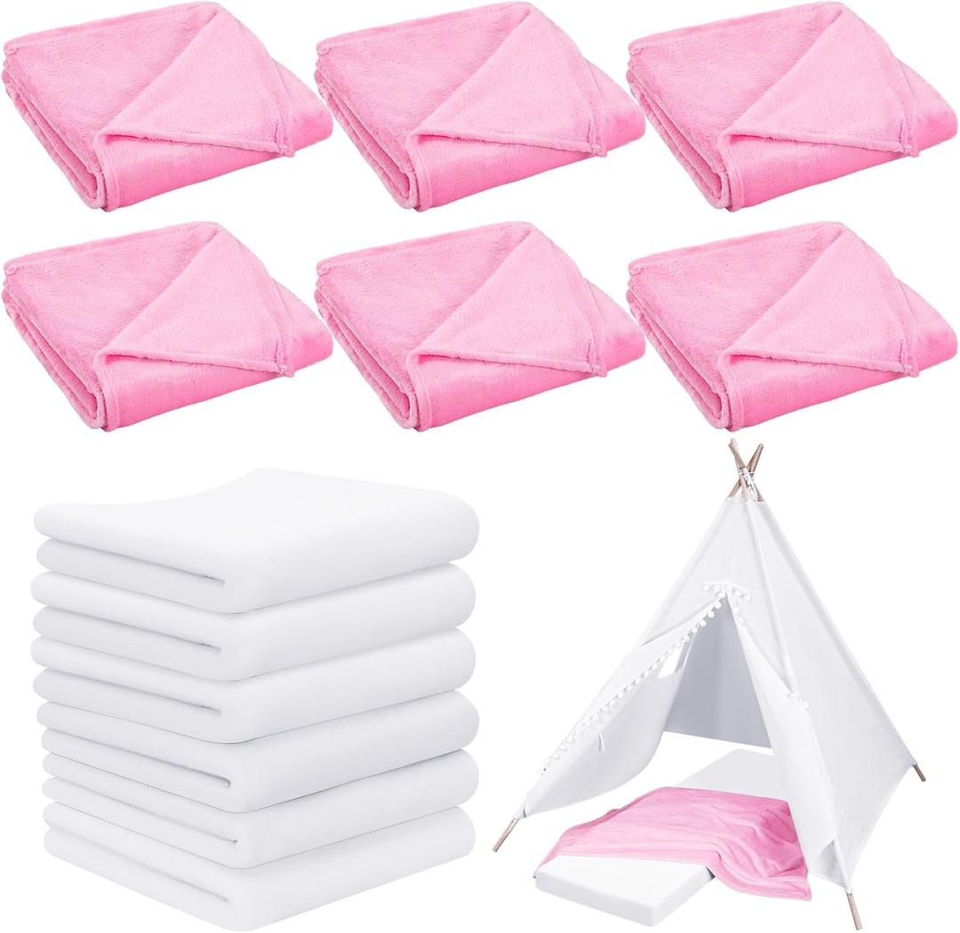 8 Pieces Sleepover Party Supplies Include Soft Throw Blankets and Mattress Sheet(Sheet Only) Pad Covers for Spa Sleepover Slumber Birthday Party Favors (White and Pink)