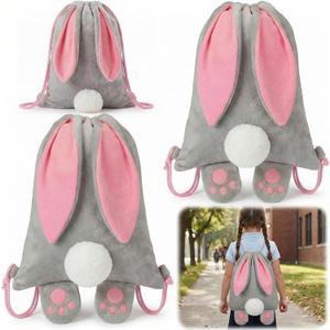 Abbylike 2 Pcs Large Velvet Easter Bunny Drawstring Backpack Bag Reusable Easter Bunny Bags Rabbit Treat Bag with Ears and Tail for Spring Holiday Party Favor Gift Egg Hunt Kids Birthday Supplies