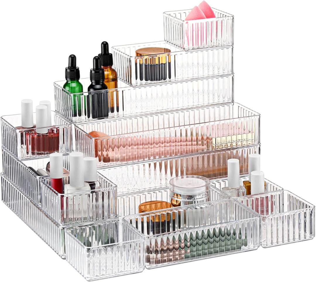 18 Pcs Clear Drawer Organizer Stackable 4 Size Clear Makeup Drawer Organizer Trays Acrylic Bathroom Vanity Storage Bins for Cosmetic, Jewelries, Office Supply, Kitchen Utensils(Stripes)