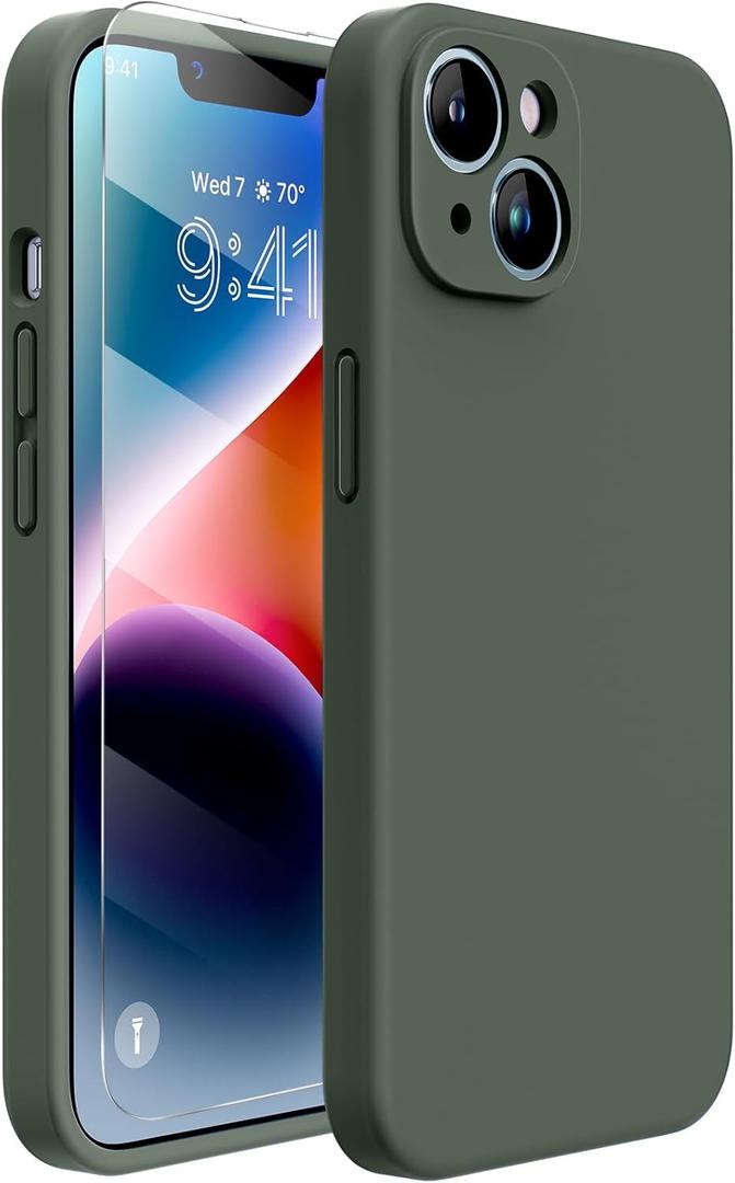 Miracase Designed for iPhone 14 Case with Screen Protector, [Upgraded Enhanced Camera Protection], Shockproof Liquid Silicone Case with Microfiber Lining, 6.1 inch, Dark Green