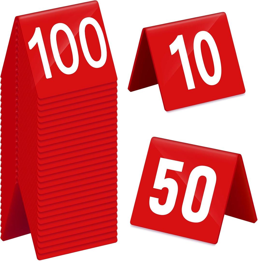 Tuanse 100 Pcs Acrylic Table Numbers 1-100 Double Sided Minimalist Restaurant Wedding Table Tent Cards for Party Event Banquets Wedding Reception, 2.5 x 2 x 1.6 Inch(Red Background)