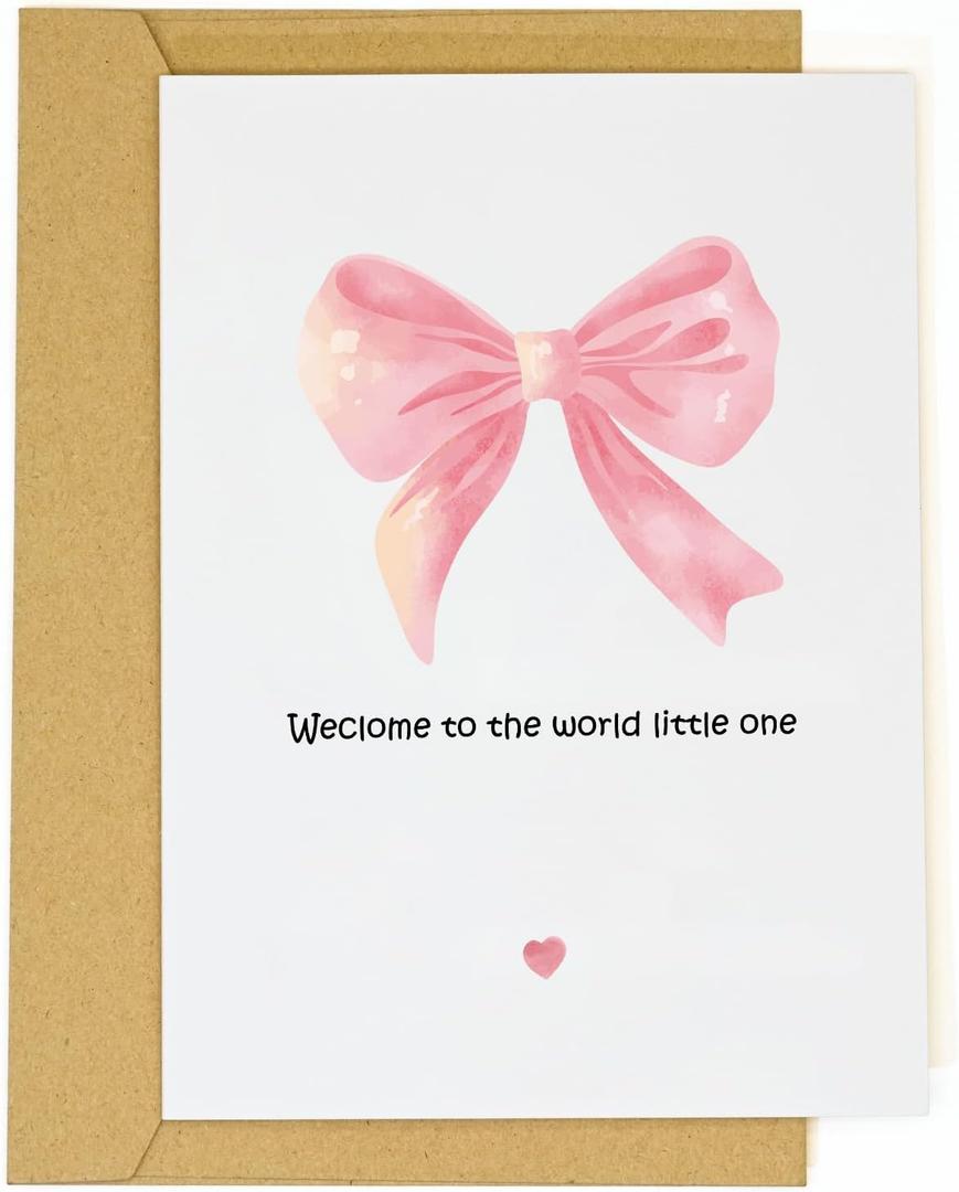 New Baby Girl Card  Welcome Baby Greeting Card for Parents  Cute Pink Bow Congratulations Card for Newborn Arrival Baby Shower Pregnancy Gift or Baby Announcement (Type-A)