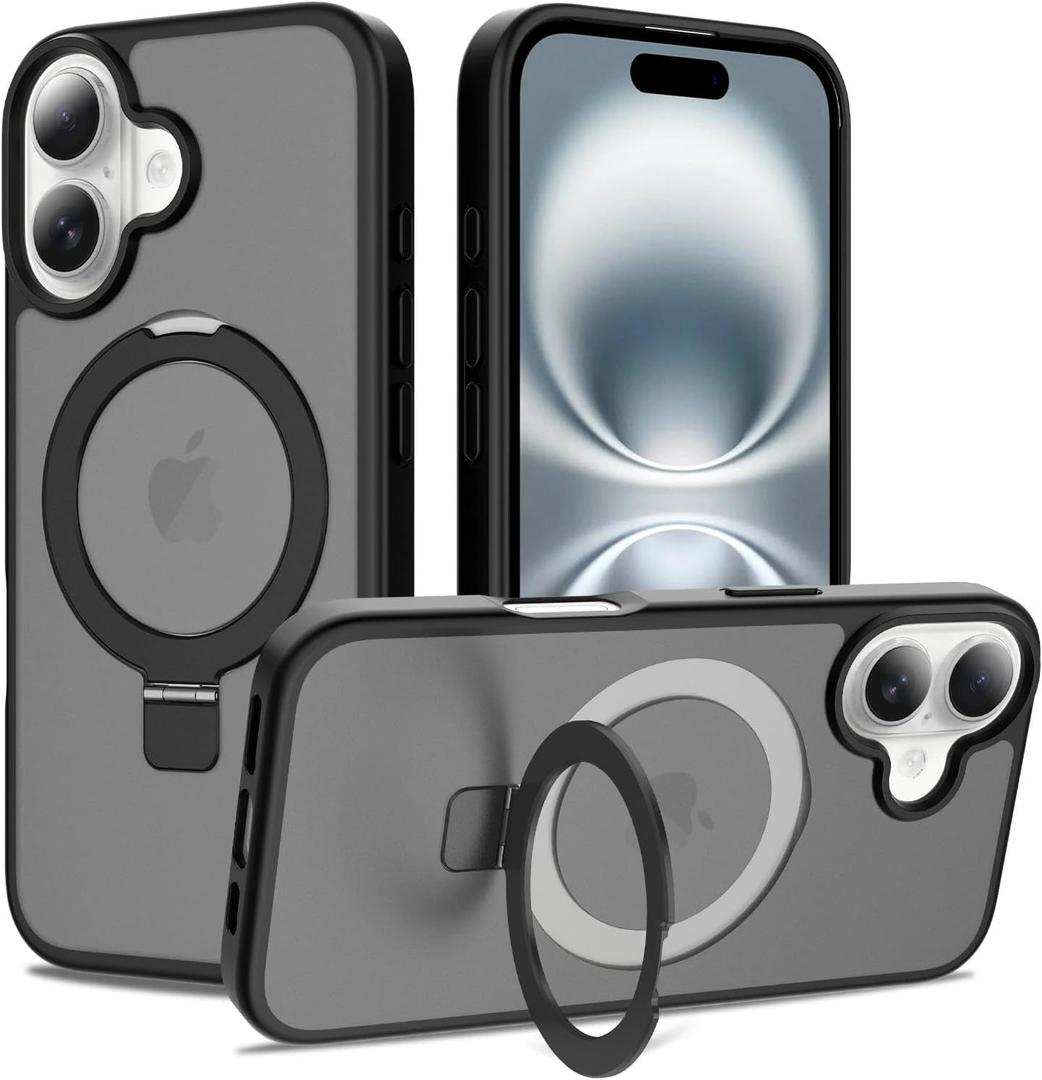 Magnetic for iPhone 16 Case, 6.1", Compatible with MagSafe, Rugged Kickstand, Not-Yellowing Military-Grade Protection, Matte Black