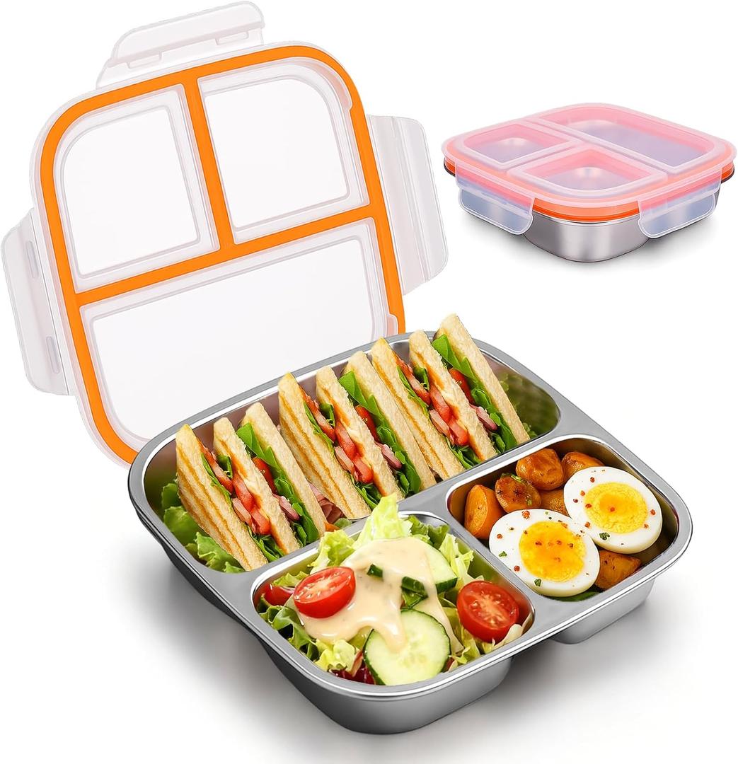 Palksky Lunch Box Containers Stainless Steel, Bento Lunch Box for Adults Men Women, 3-Compartments Metal Food Storage Containers with Leakproof Lids for Travel Picnics Office (1 Pack)