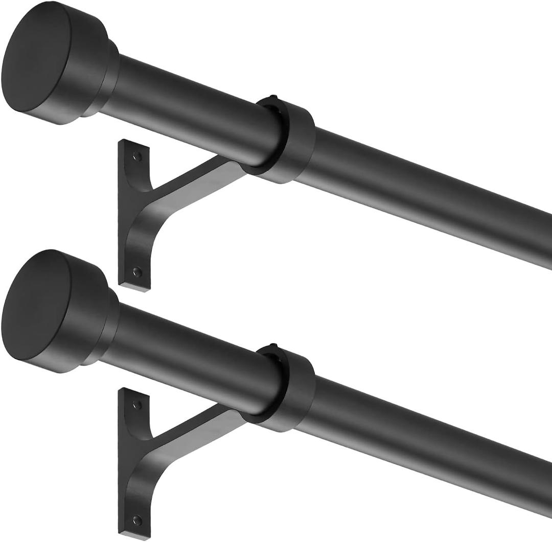 2 Pack Heavy Duty 1 Inch Diameter Single Curtain Rods 36-72 Adjustable Window Curtain Rod with Aluminum Alloy Cylindrical Cap Finials, Wall Mount and Ceiling Mount, Matte Black