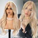 Blonde Wigs with Bangs,Blonde Long Layered Wavy Wig for Women,Synthetic Hair Wig for Party Daily Use 26IN