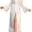 OYOANGLE Women's Silk Satin Robe Long Sleeve Wrap V Neck Ruffle Hem Belted Bride Wedding Party Bathrobe (White) S 