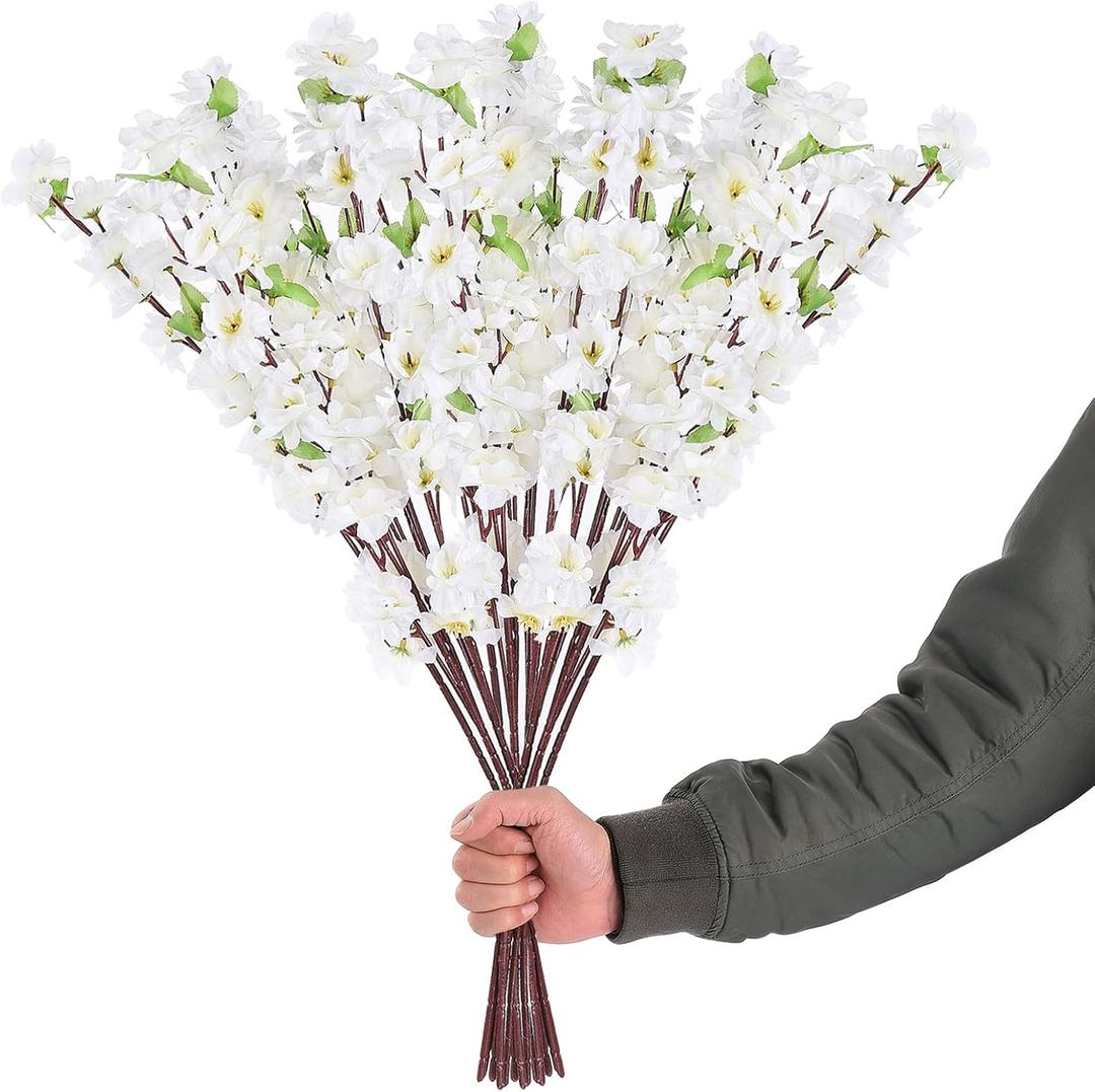 MeiBoAll 10 Bunches Artificial Cherry Blossom Branches,Faux Cherry Blossom Stems, Spring Peach Blossom Silk Flowers, Faux Silk Cherry Blossom Branches for Home Wedding Decoration (White)