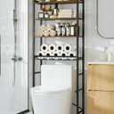4-Tier Over-the-Toilet Storage Rack with One-Piece Wooden Shelves & Open Net Basket, Bathroom Organizer with Adjustable Feet & Anti-Tip Kit, Space-Saving Toilet Shelf, Brown, 24.4" x 9.4" x 69.3"