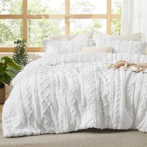 Bedsure Tufted Boho Comforter Set King Size - Bright White Boho Bed Set, GentleSoft 3 Pieces Farmhouse Shabby Chic Embroidery Bedding, Gifts for Woman, Soft Jacquard King Comforter for All Seasons (02 - Bright White - Elegant)