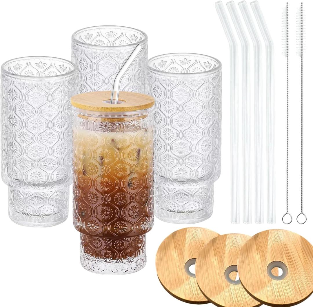Vintage Glass Cups with Bamboo Lids and Straws4Sets 11oz Iced Coffee Cups for Women, Aesthetic Glass Tumblers for Juice, Cocktail, Whiskey Housewarming Gifts for New Home, Coffee Bar Accessories
