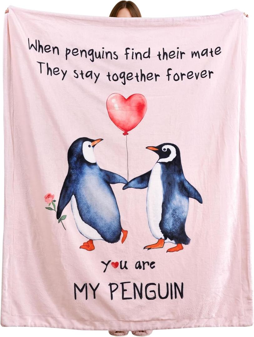 JANZAA My Penguin Love Blanket - Pink Throw Wedding Anniversary Blanket for Men Women Boyfriend Couple - Romantic I Love You Gifts for Him/Her Birthday, Wedding, Valentines, Mothers Day 50'' x 60''