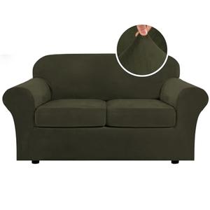 H.VERSAILTEX Real Velvet Plush 3 Piece Stretch Sofa Covers Couch Covers for 2 Cushion Couch Loveseat Covers Width Up to 72 Inch Feature Thick Soft Stay in Place (Medium Sofa, Olive)