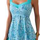 B2prity Tankini Swimsuits for Women Tummy Control Two Piece Modest Bathing Suits Floral Skirt Top with Boyshorts, Extra Large, Teal Floral 