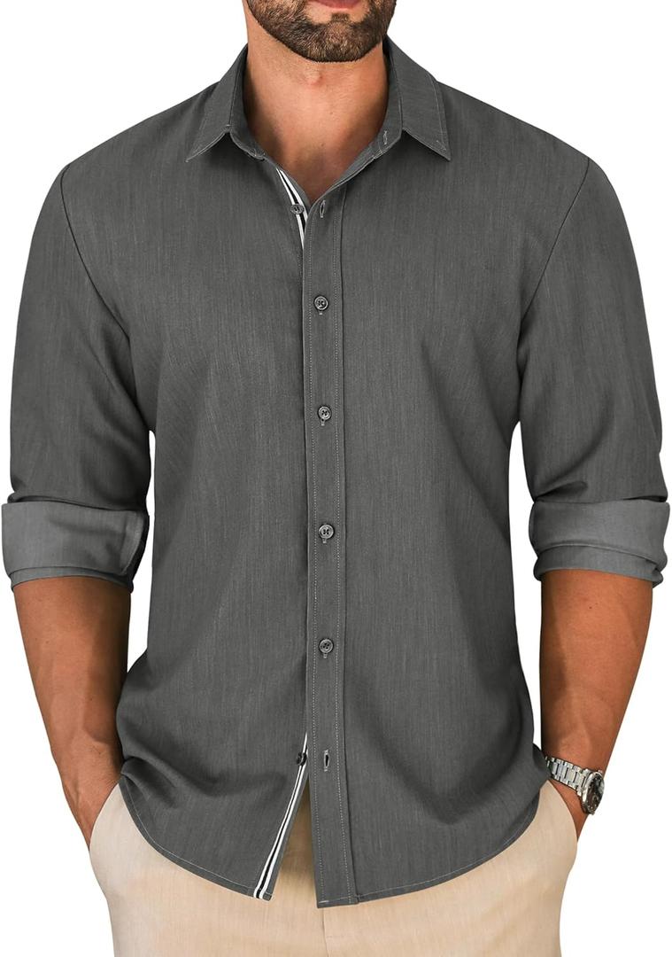 LETSEE Men's Button Down Dress Shirt Long Sleeve Untucked Business Casual Shirt Wrinkle Free Stretch Denim Texture (Black, S)