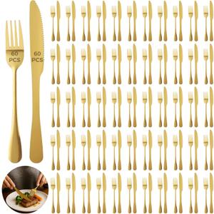 120 Pcs Gold Silverware Set, Includes 60 Forks and 60 Knives, Stainless Steel Flatware Set, Elegant and Sturdy Cutlery, Smooth Surface, Dinner Tableware, Ideal for Home, Restaurant