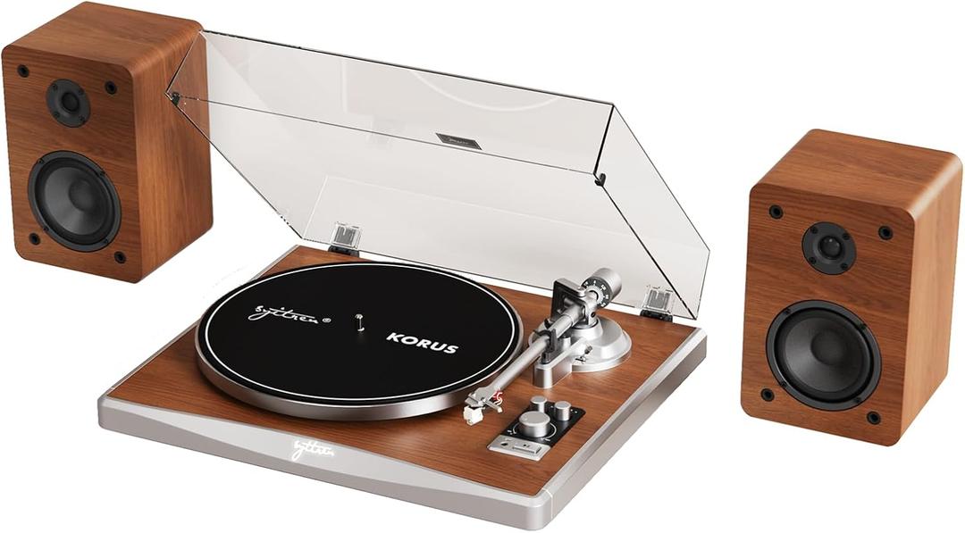 Syitren KORUS Record Player with External Speakers,Bluetooth Turntable,Belt-Drive Turntable 2-Speed, Adjustable Counterweight,Vintage LP Players