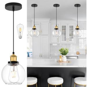 6 inch Mini Hanging Pendant Light Contemporary Globe Pendant Lights Kitchen Island Clear Glass with Black Gold Finish Adjustable Hanging Light Fixture for Kitchen Island (Bulb Included)