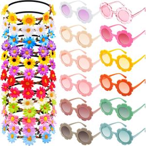 24 Pieces Two Groovy Party Supplies, 12 Pieces Multicolor Flower Headbands, 12 Pieces Round Flower Sunglasses for Kids, Groovy Party Decorations for Girls Hippie Themed Party Supplies